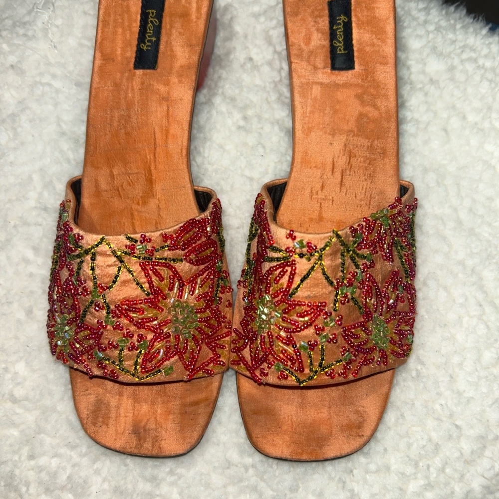 Beaded Silk Slide Sandals Size 10 Made in India Floral Boho Wooden Heel Resort